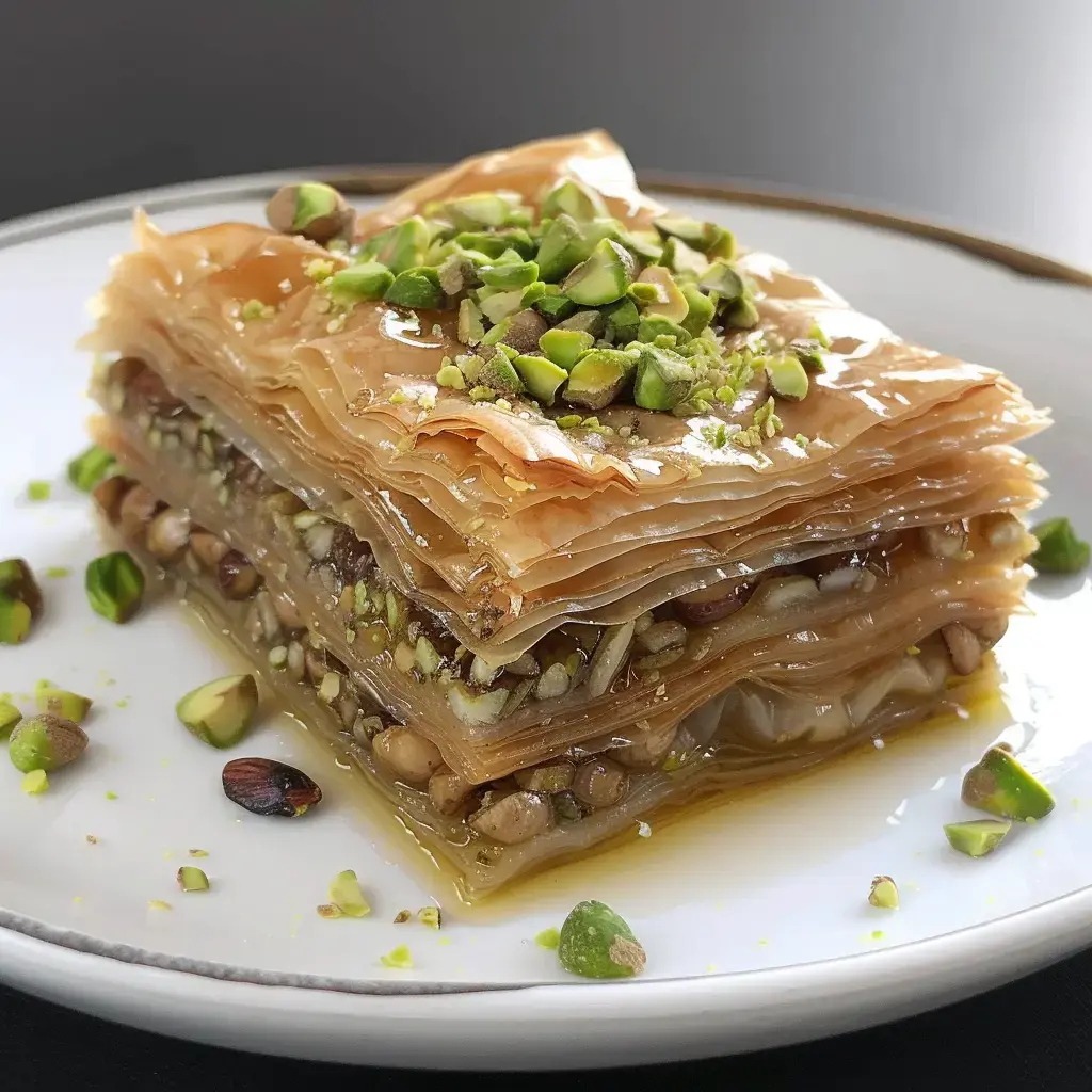 Un délicieux dessert fait maison à base de pâte filo garnie de noix et légèrement nappé de sirop.