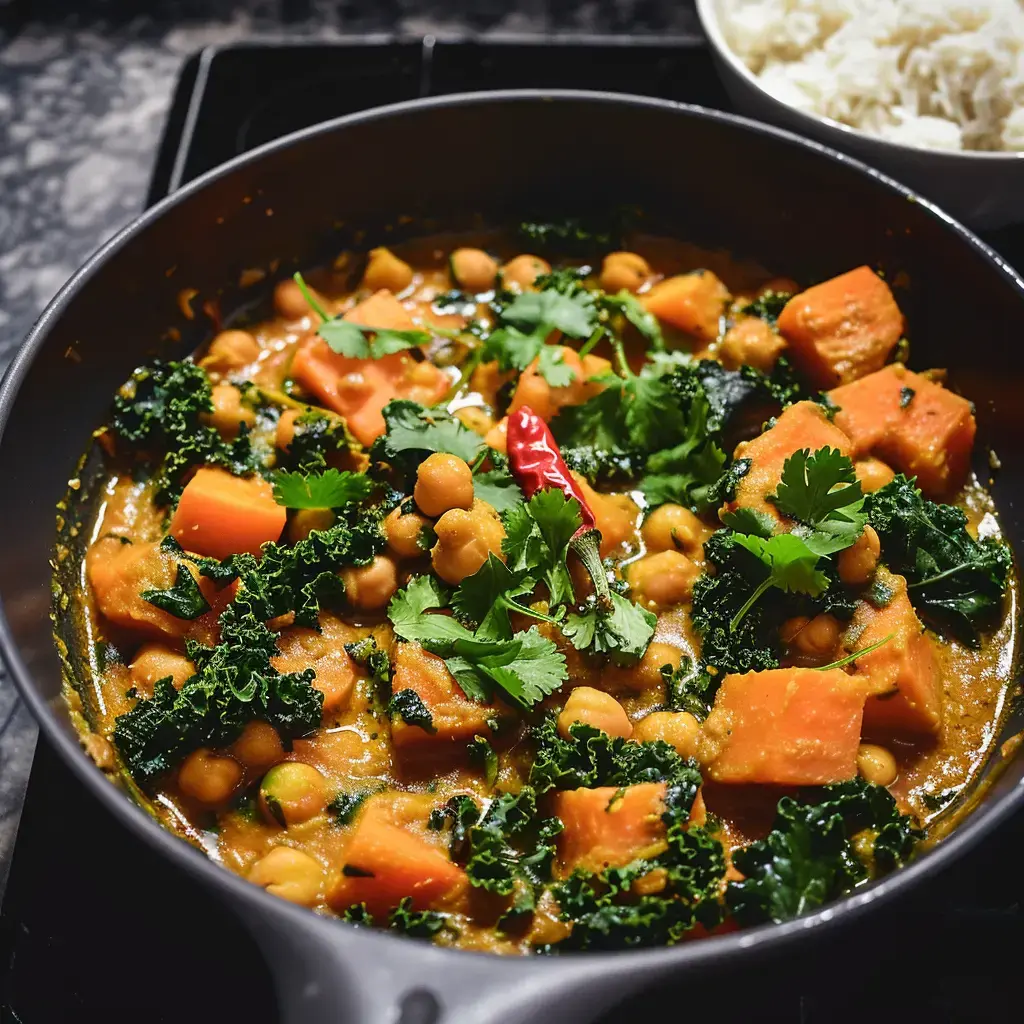 Curry garni de pois chiches, courge et chou frisé, servi avec un bol de riz blanc.