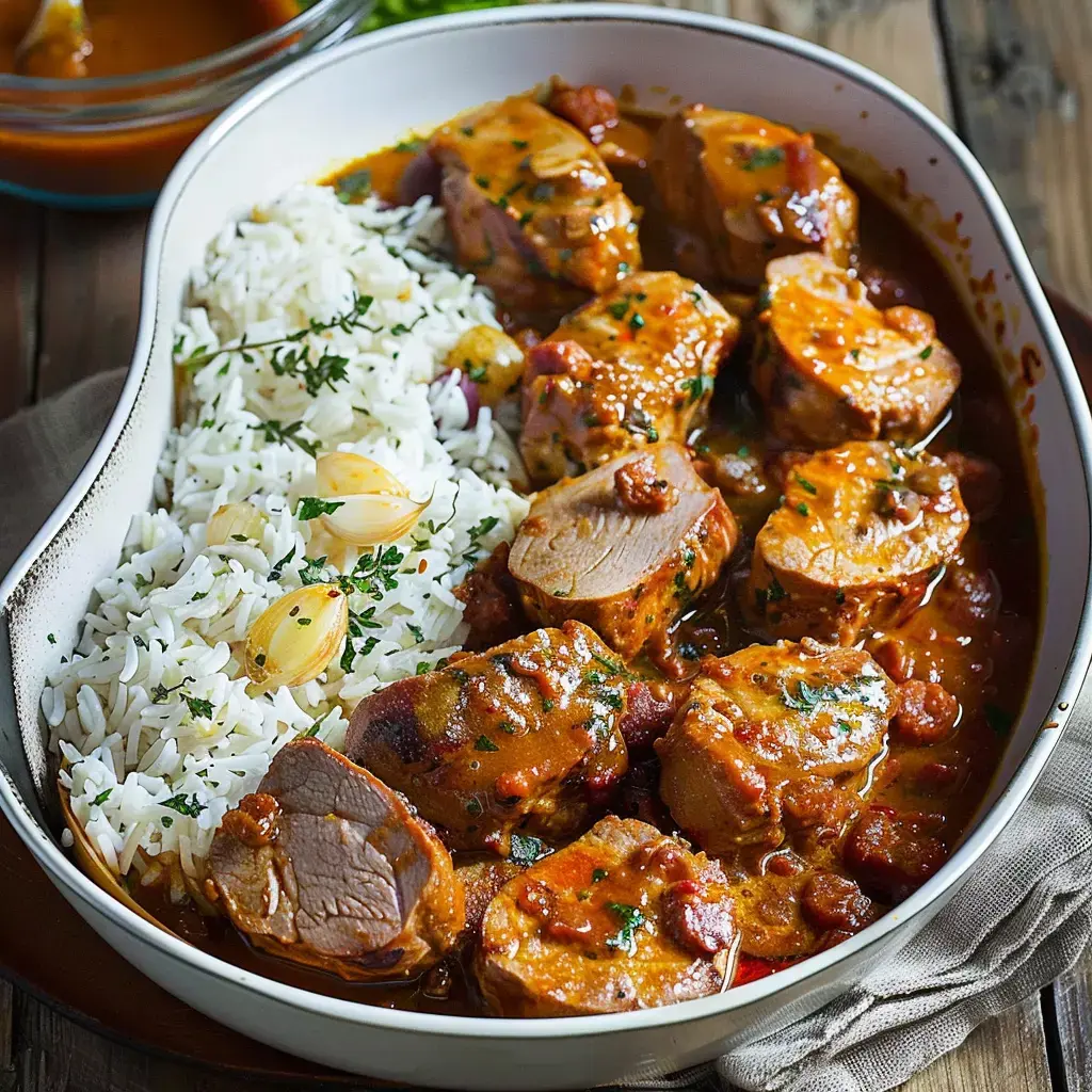 Assiette avec filet de porc en sauce, du riz, une touche de persil et quelques oignons.