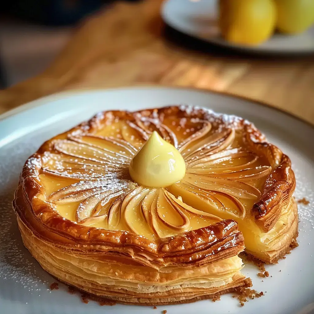 Une galette appétissante avec une touche de sucre glace et un soupçon de crème, parfaite pour l'Épiphanie.