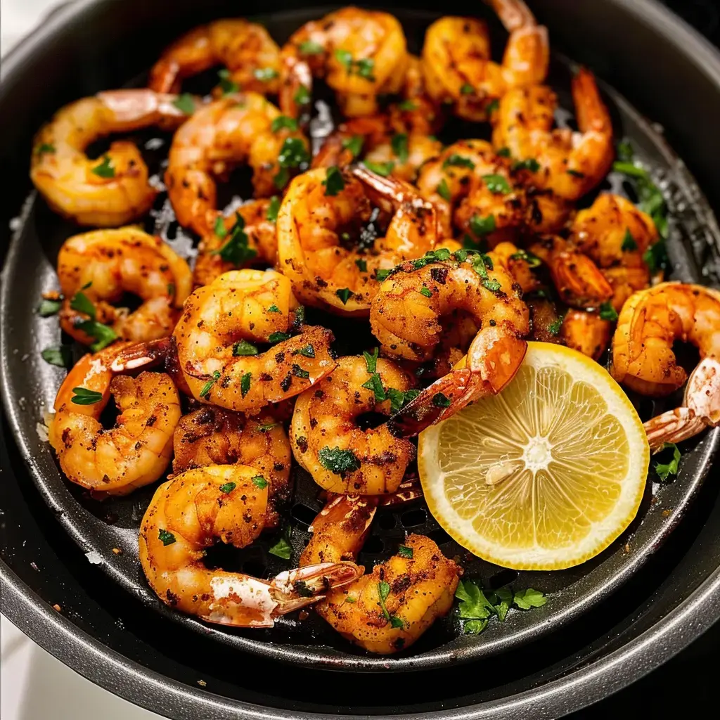 Des gambas relevées et garnies de persil, servies avec une tranche de citron dans une assiette noire.