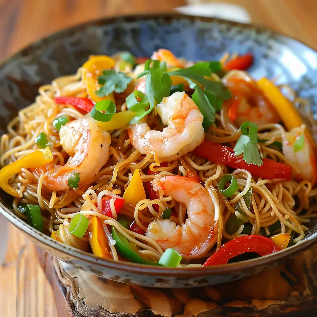 Un wok garni de nouilles, crevettes et légumes colorés dans un bol appétissant.