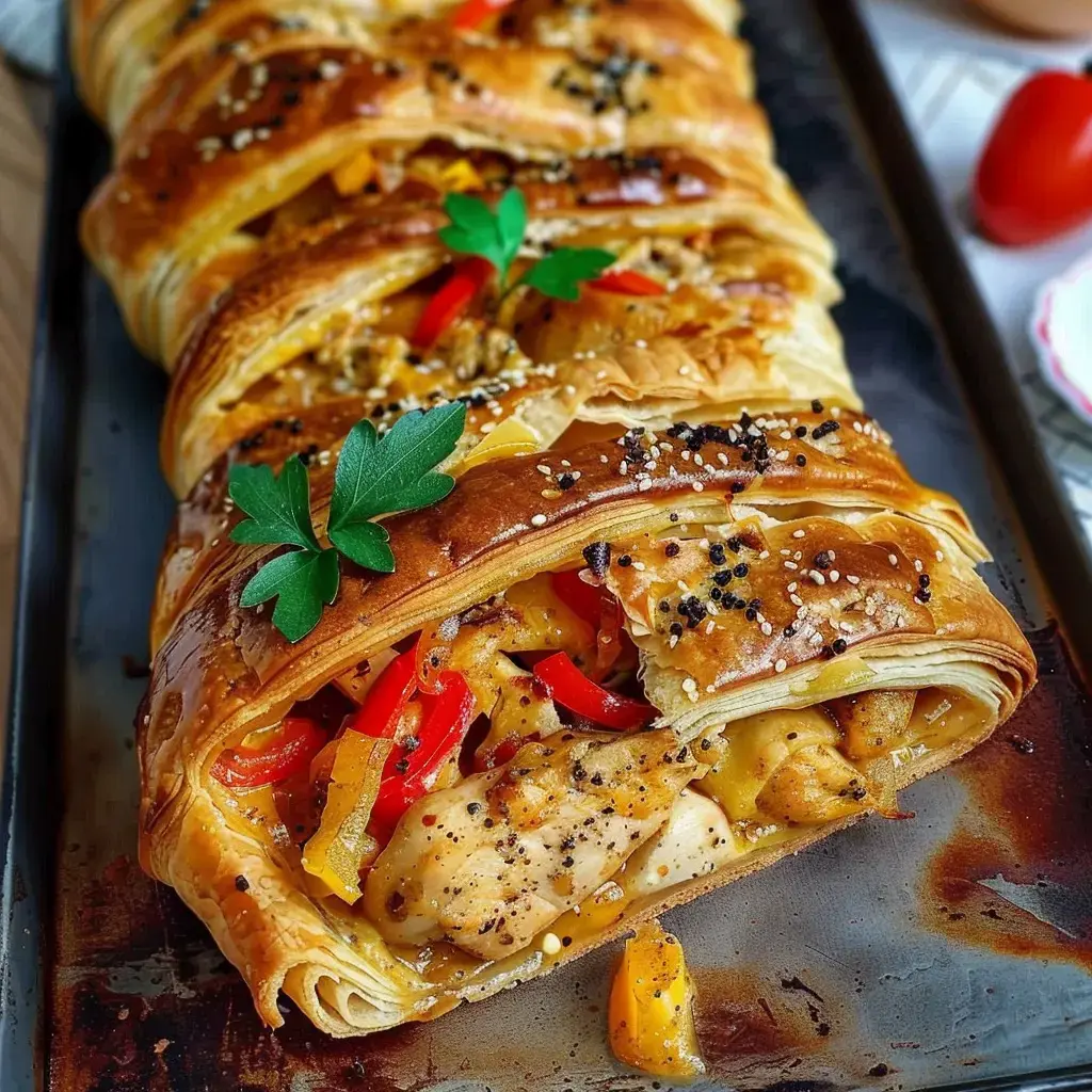 Un feuilleté doré avec poulet assaisonné, poivrons rouges et jaunes, garni de graines et d’herbes fraîches.