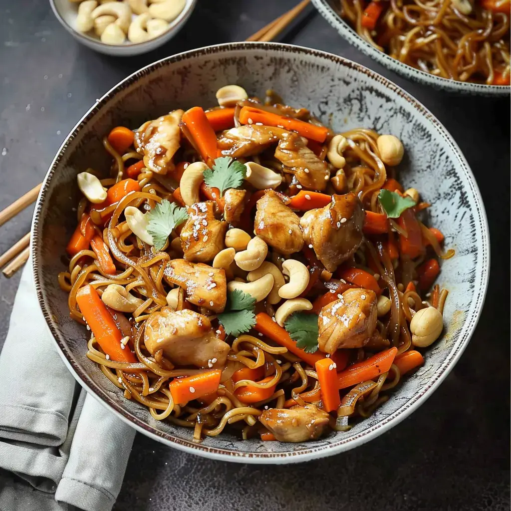 Un bol appétissant de poulet avec noix de cajou, carottes fondantes, saupoudré de coriandre et graines de sésame.