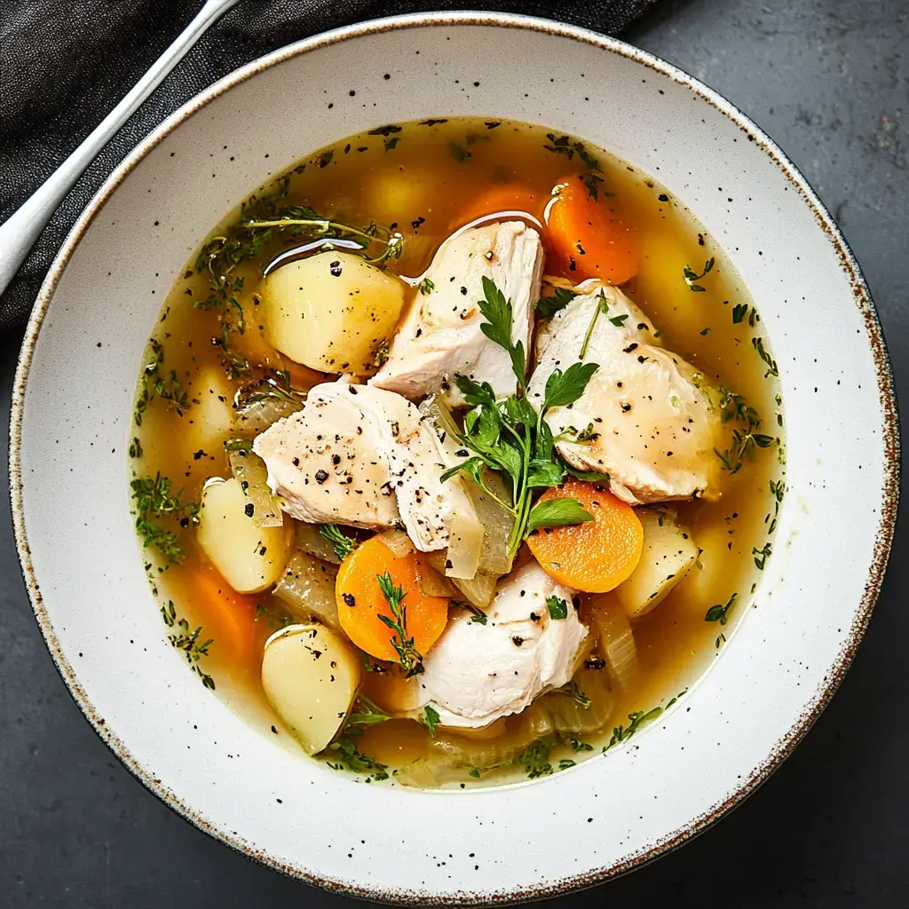 Bol fumant rempli de bouillon, morceaux de poulet, carottes, pommes de terre et herbes aromatiques.