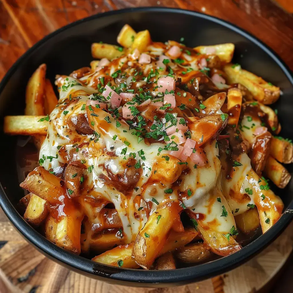 Un plat de frites recouvertes de fromage, de sauce brune et de petits morceaux de bacon, garni de persil.