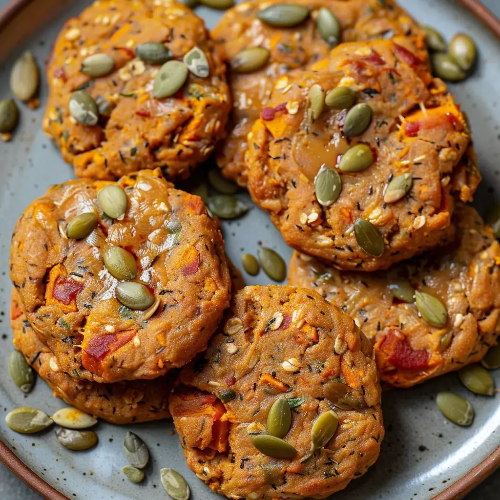 Des biscuits colorés à base de légumes, garnis de pépites de courge, sont présentés sur une assiette.