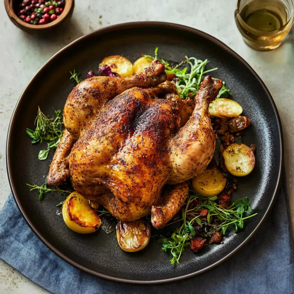 Un poulet doré accompagné de pommes de terre rôties et herbes fraîches présenté sur une assiette noire.