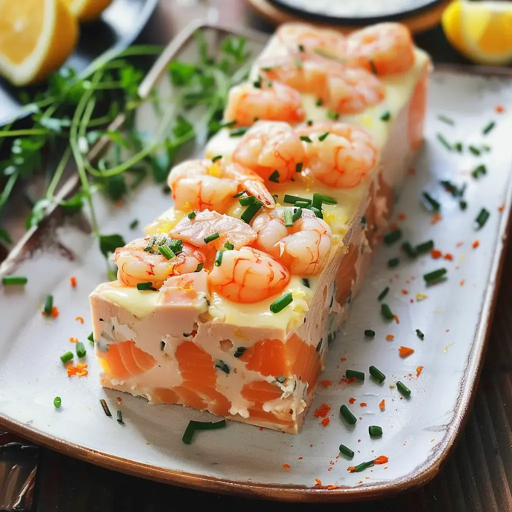 Terrine de fruits de mer dressée avec garniture d'herbes fraîches et citron