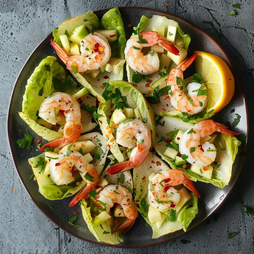 Plateau de crevettes disposées sur des feuilles d'endive avec des dés de pomme, parsemées de persil et d'assaisonnement.