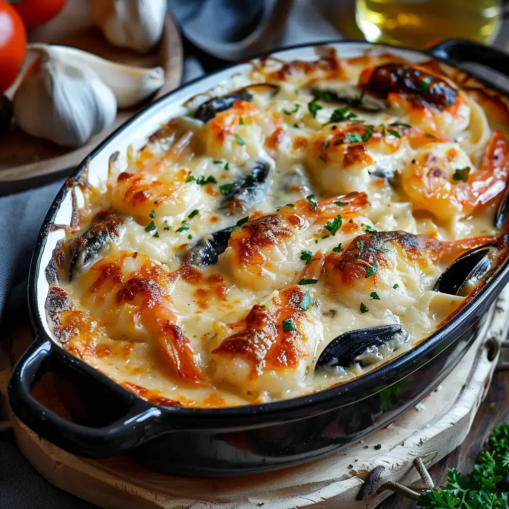 Un mélange marin gratiné avec crevettes, moules et sauce onctueuse, décoré de persil tout frais.