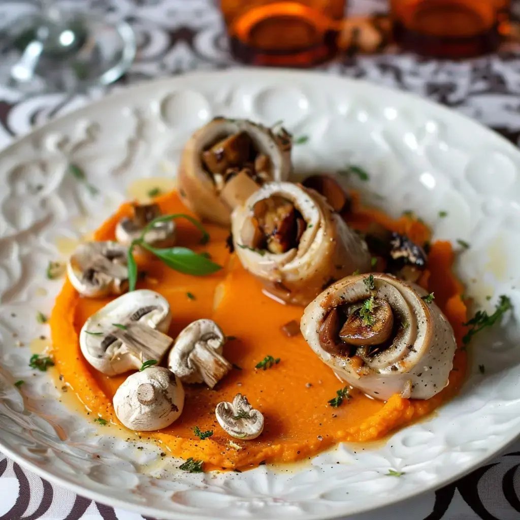 Une assiette gourmande avec des rouleaux de viande farcis aux champignons, servis sur une purée de patate douce avec des champignons frais et des herbes.