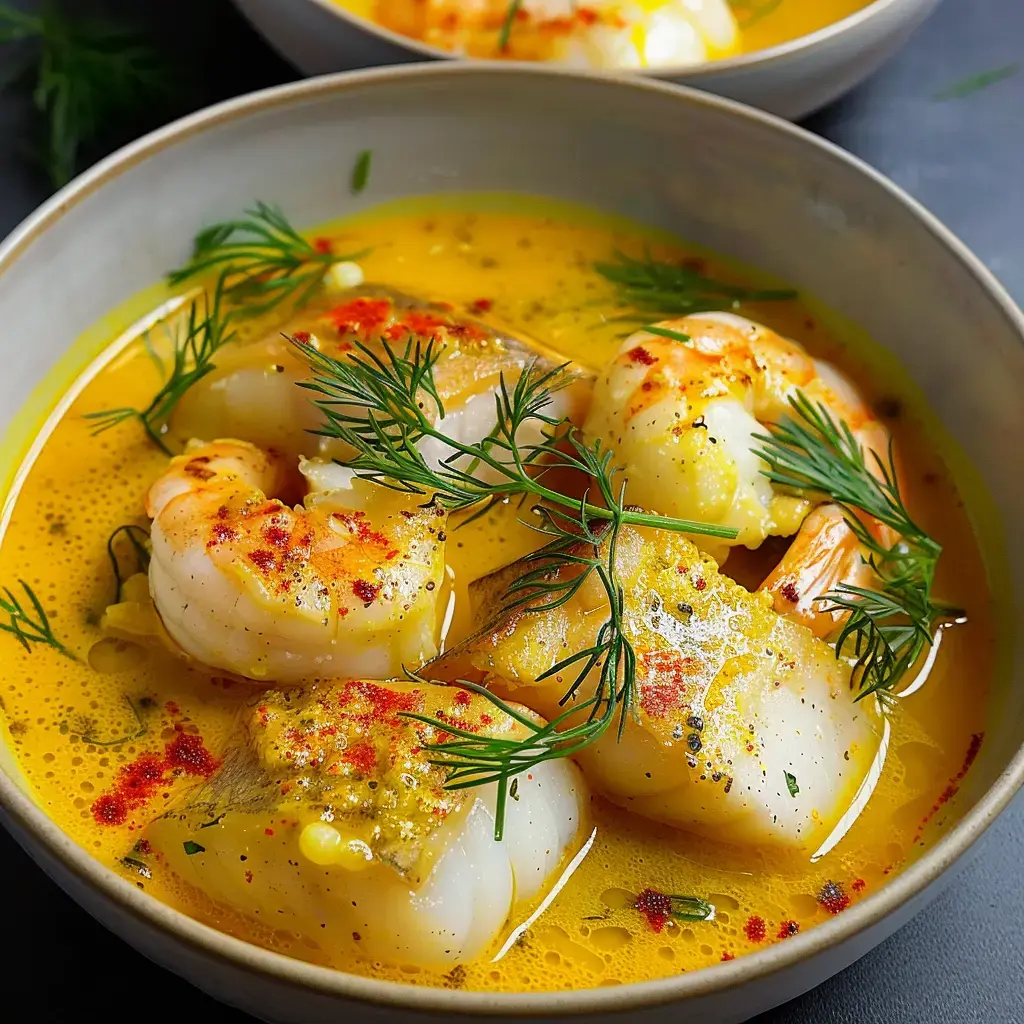 Mélange marin dans une sauce crémeuse, garni d'herbes fraîches et de poudre rouge.