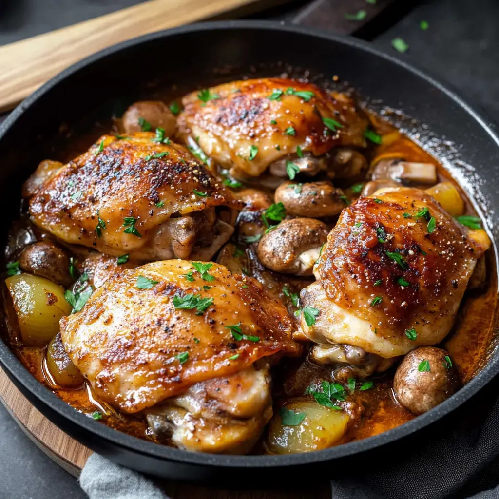 Un plat de cuisses de poulet dorées, garnies de pommes de terre et de champignons, assaisonné de persil frais dans une poêle.