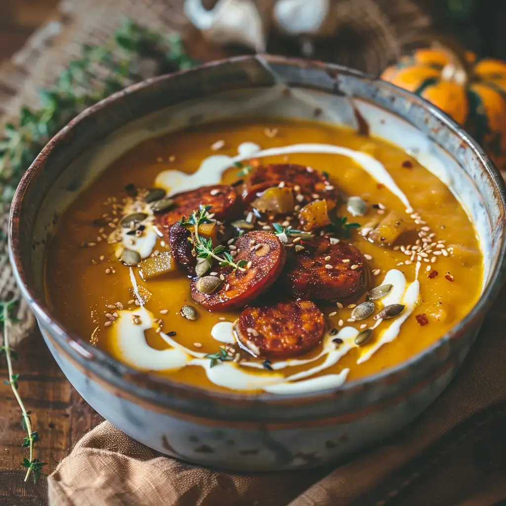 Un bol de velouté orangé garni de morceaux de chorizo grillés, parsemé de graines variées et d'un trait de crème, avec brin de thym.