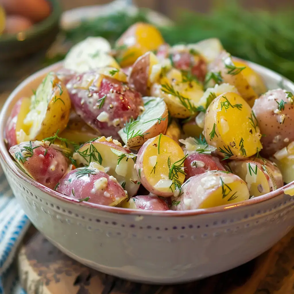 Une assiette de salade de pommes de terre avec aneth et vinaigrette maison.
