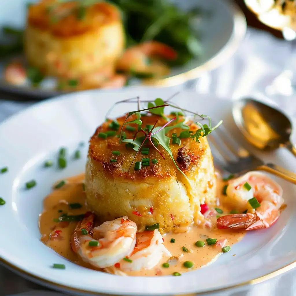 Une assiette raffinée avec un soufflé salé au maïs, décoré de crevettes et accompagné d'une sauce onctueuse.