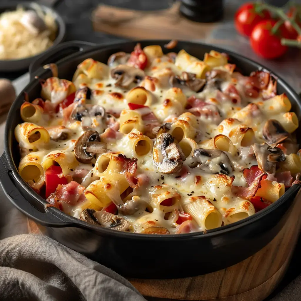 Un gratin de pâtes au fromage avec du jambon, poivrons et champignons servi dans une poêle en fonte noire.