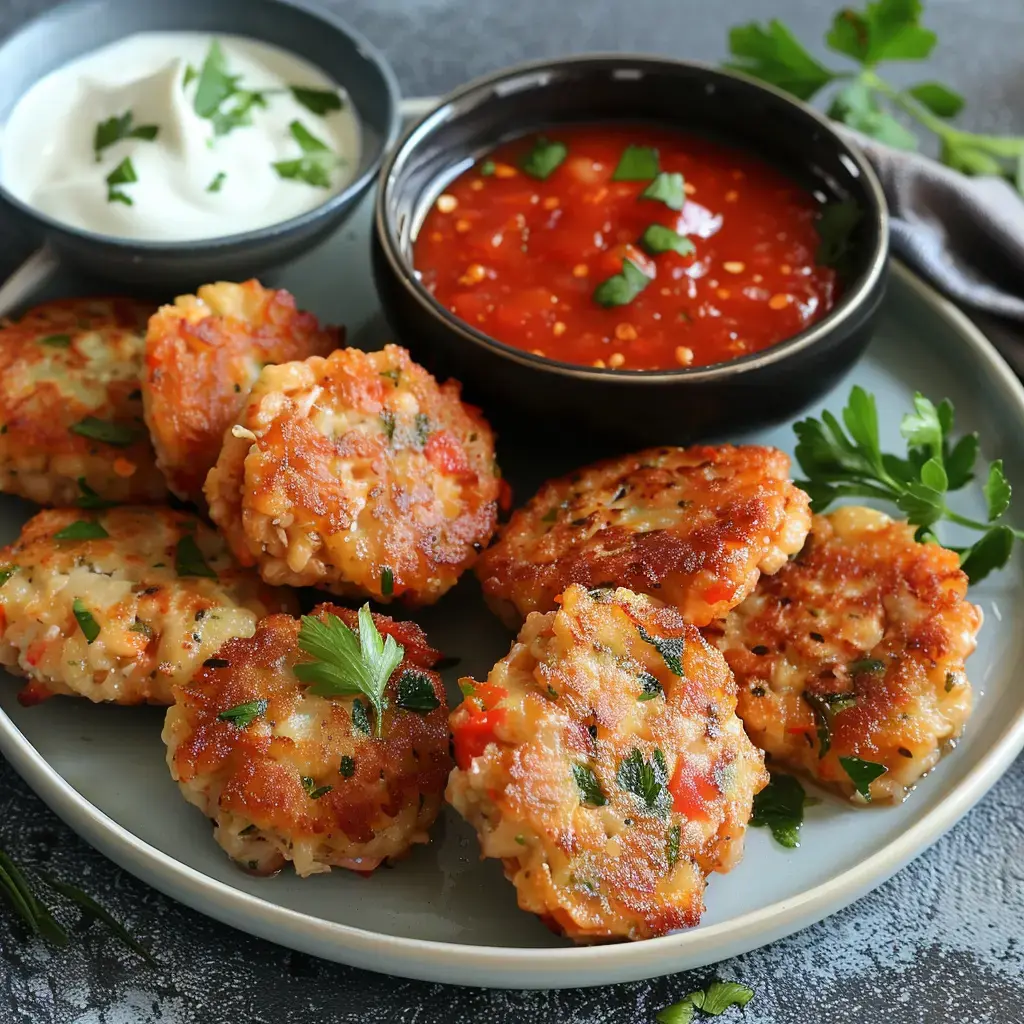 Des beignets dorés et croquants décorés de persil, accompagnés d'une sauce rouge relevée et d'une crème au yaourt.