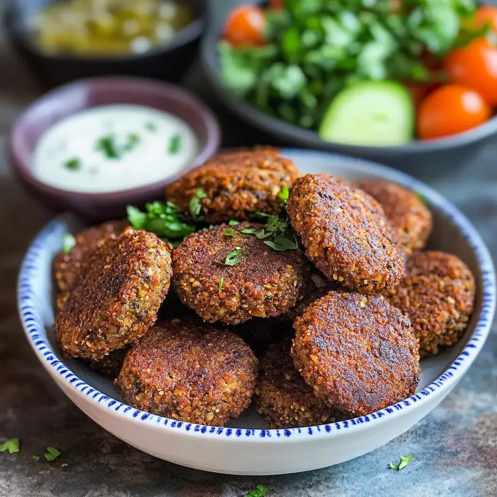 Plateau de falafels bien dorés avec de la coriandre, une sauce blanche et une petite salade en arrière-plan.