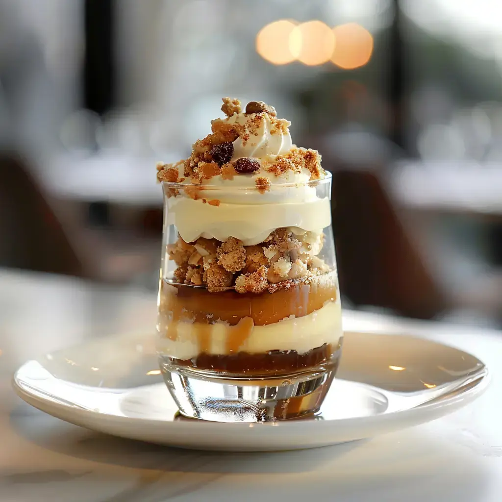 Un dessert en verre avec des couches de crème, caramel, morceaux de biscuit, surmonté de chantilly et de miettes croquantes.