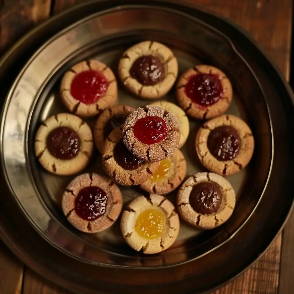 Plateau métallique présentant des petits biscuits garnis de confitures variées, joliment arrangés.