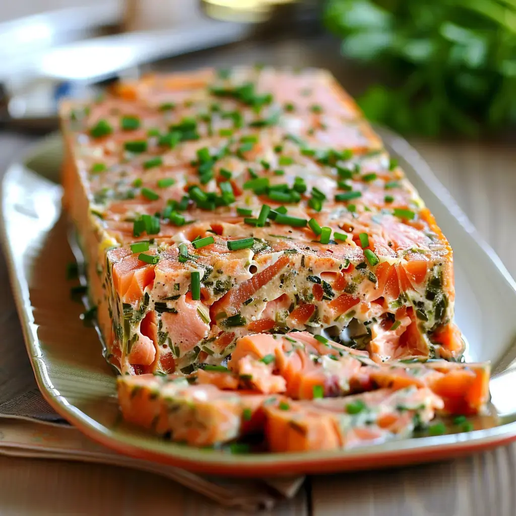 Une assiette avec une terrine de saumon décorée de ciboulette et quelques tranches servies à côté.