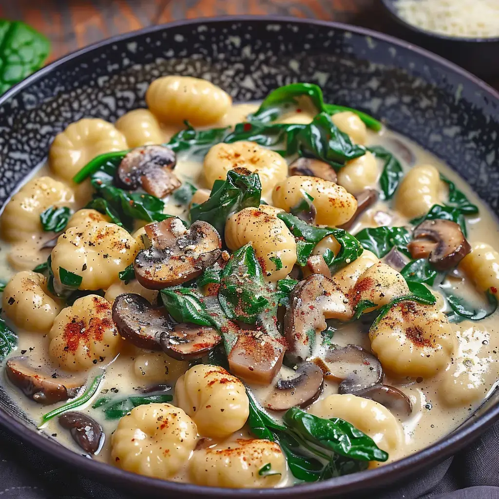 Un bol noir rempli de gnocchis crémeux avec épinards et champignons, saupoudrés de poivre et paprika.