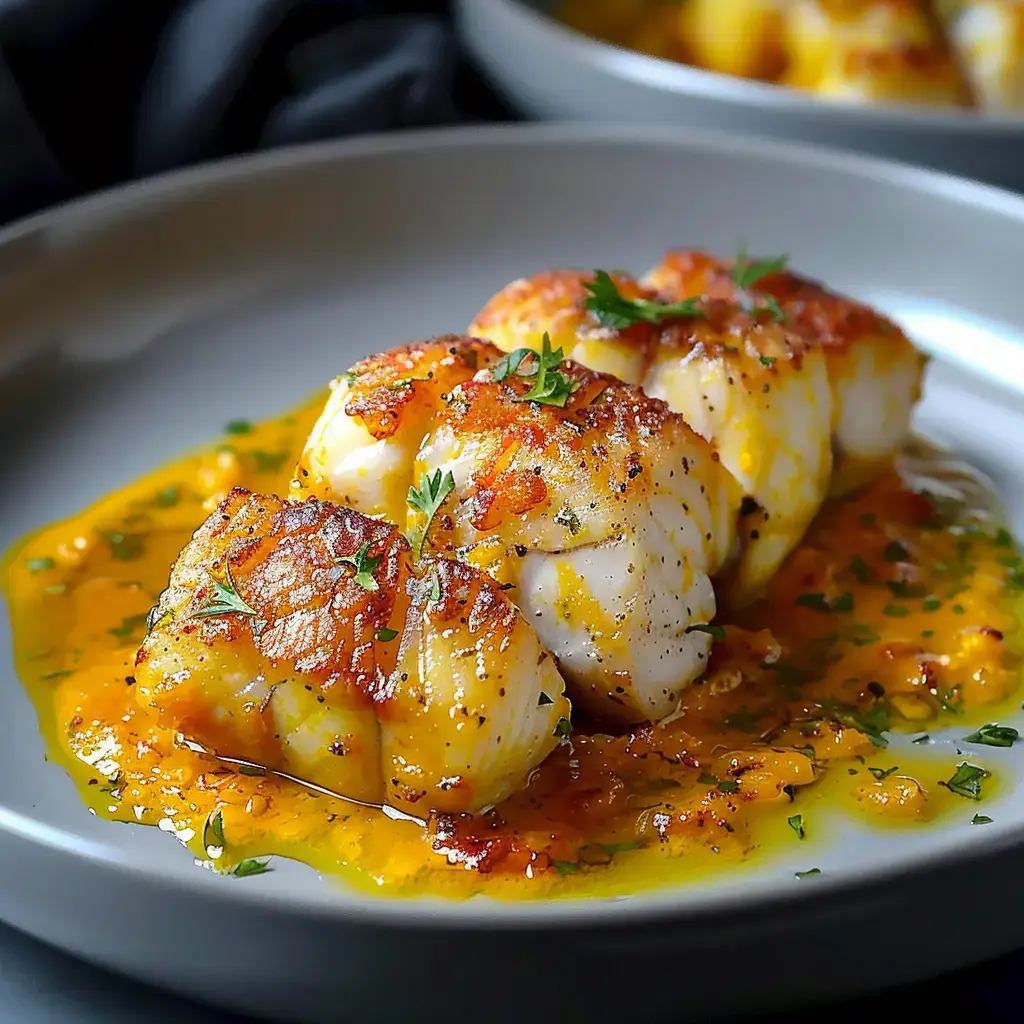 Un morceau de poisson doré avec sa sauce onctueuse, décoré d'herbes fraîches dans une assiette grise élégante.