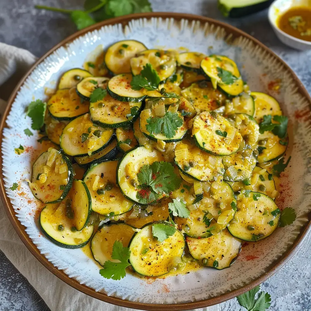 Bol généreux de courgettes en tranches avec herbes fraîches et mélange d'épices appétissant.