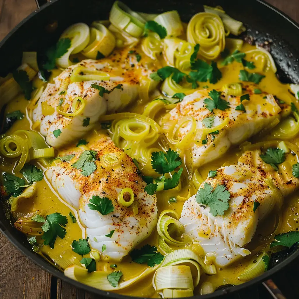 Morceaux de poisson mijotés avec des poireaux et parsemés de coriandre dans une sauce crémeuse aux épices.
