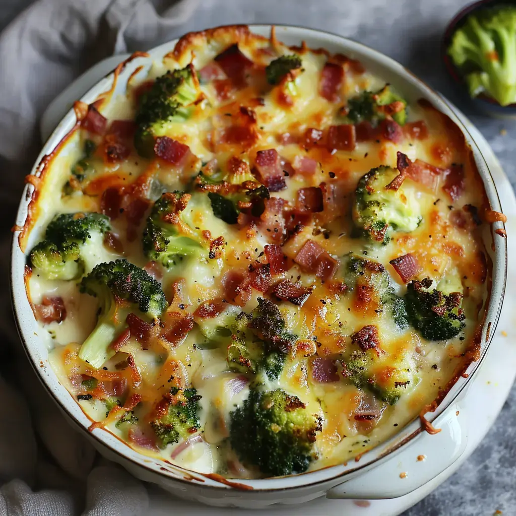 Un délicieux gratin de brocoli au fromage avec des morceaux de bacon, bien doré et tentant, présenté dans un plat en céramique.
