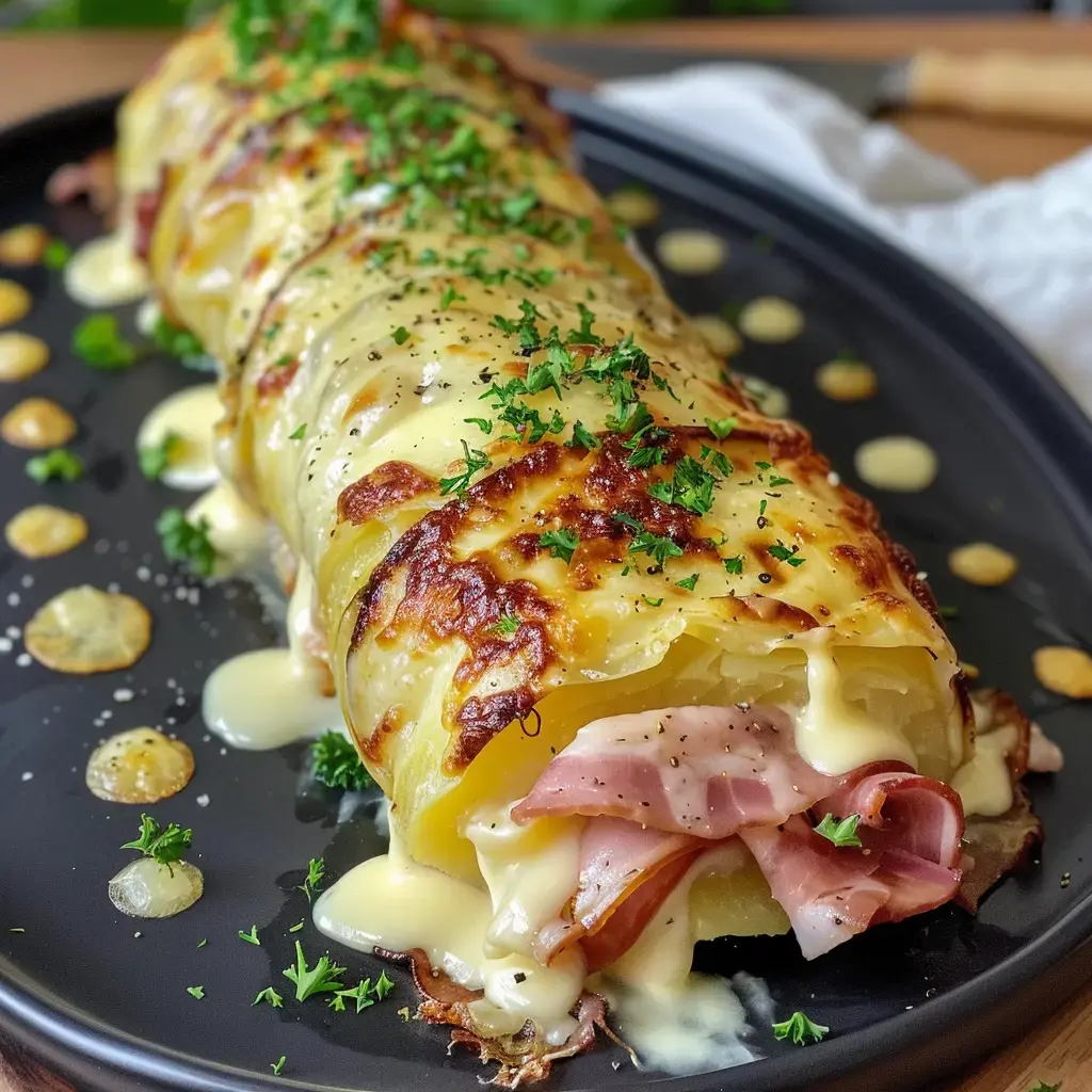 Un roulé de pommes de terre farci au jambon, nappé de fromage fondu et décoré de persil frais.