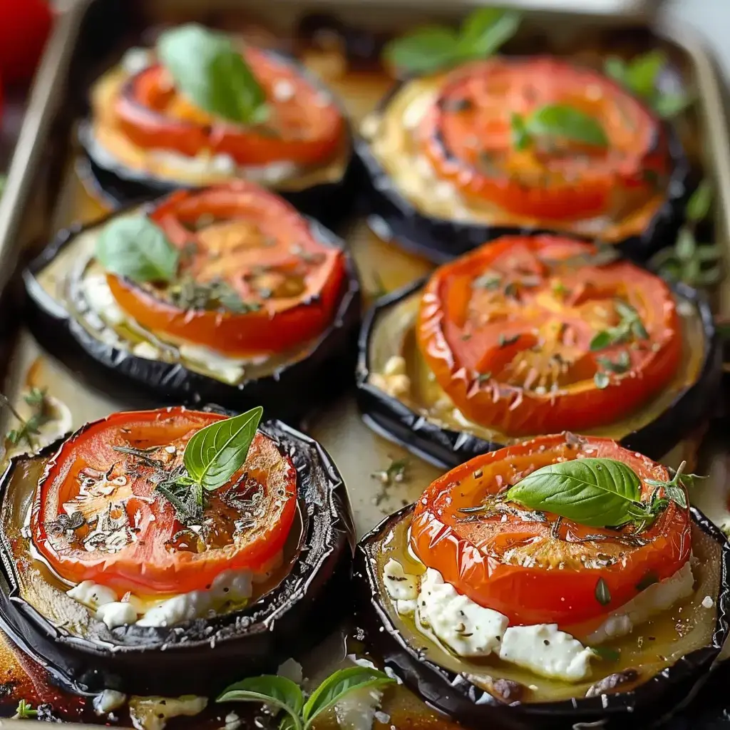 Des rondelles d'aubergine avec du fromage et des tomates, parsemées d'herbes et de basilic frais, en train de cuire au four.