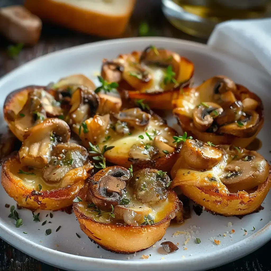 Des tartines garnies de champignons et fromage fondu, parsemées d'herbes fraîches.