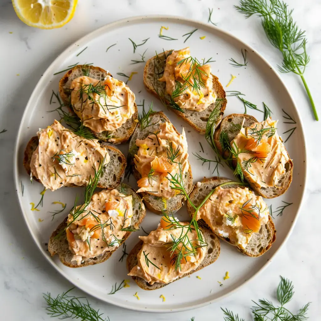 Des tranches de pain complet garnies de fromage frais, saumon fumé et aneth, servies sur une assiette.