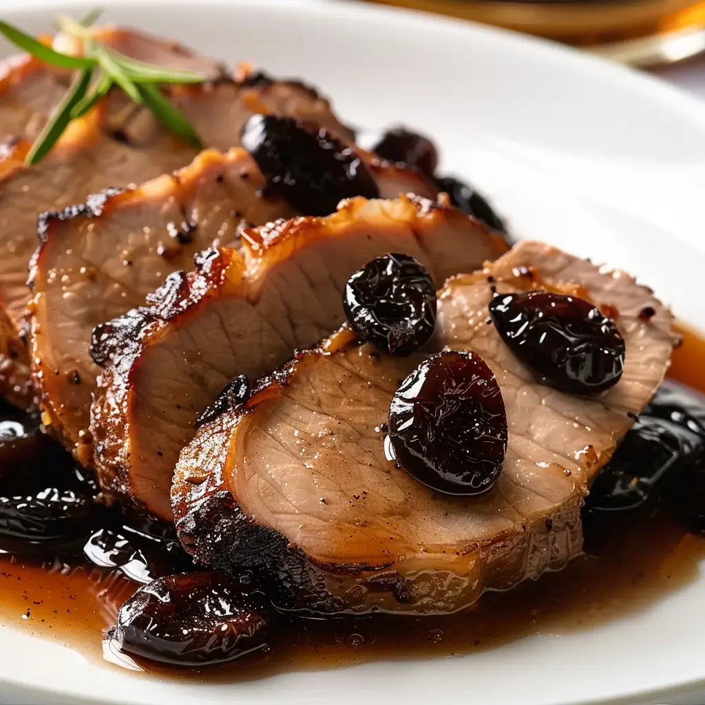 Tranches de viande rôtie accompagnées de cerises noires dans une sauce brillante.