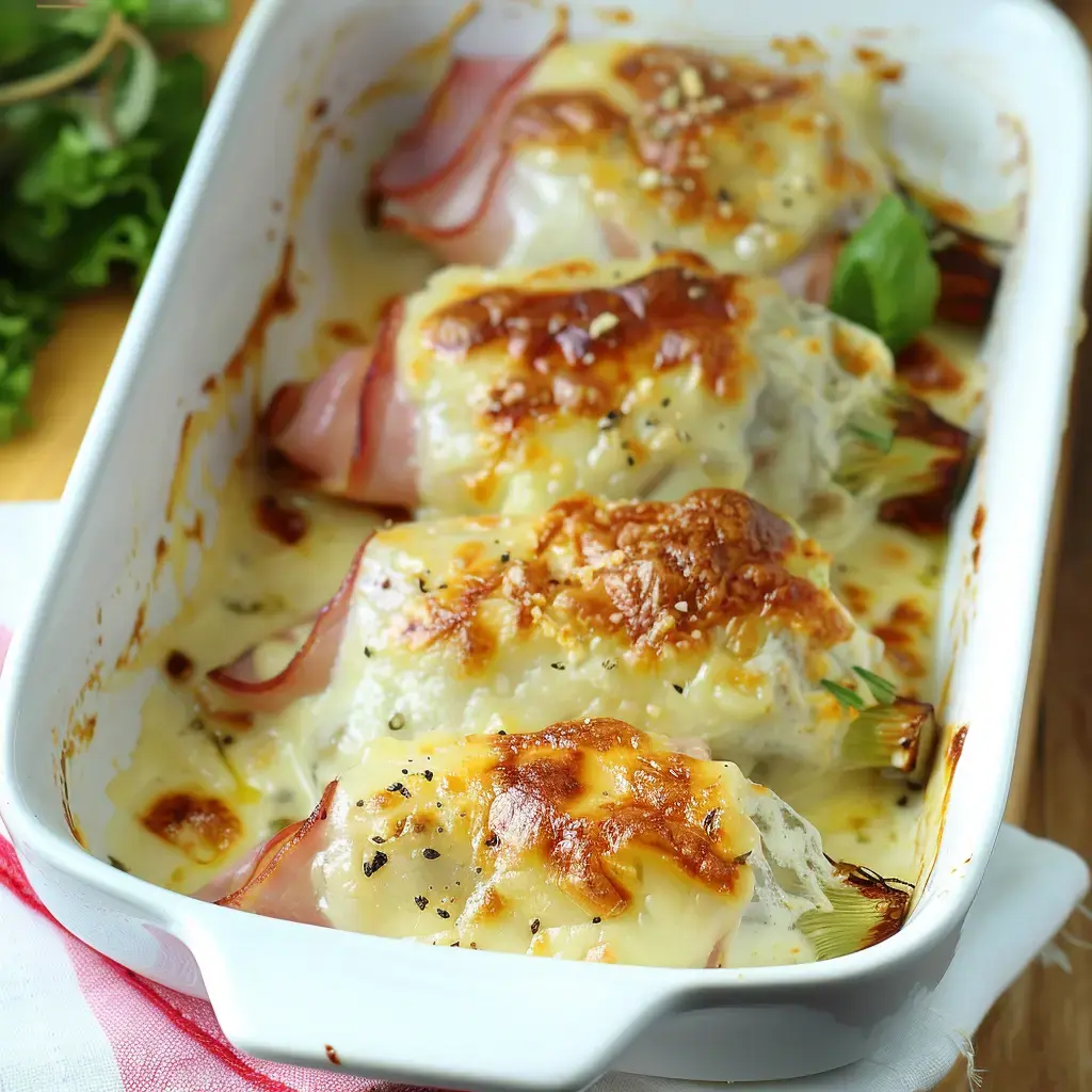 Délicieux gratin de légumes enroulés de jambon avec fromage fondu par-dessus.