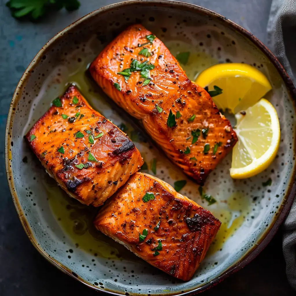 Morceaux de saumon grillés décorés de persil frais avec des quartiers de citron, servis dans une assiette.