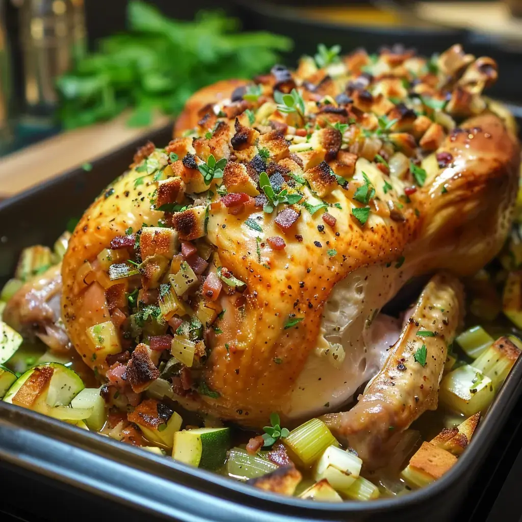 Une dinde dorée garnie de farce aux herbes et lardons, entourée de légumes comme courgettes et céleri.
