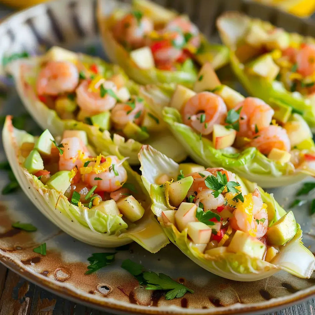 Des feuilles d'endive garnies de crevettes et de dés de pomme, parsemées de persil frais.