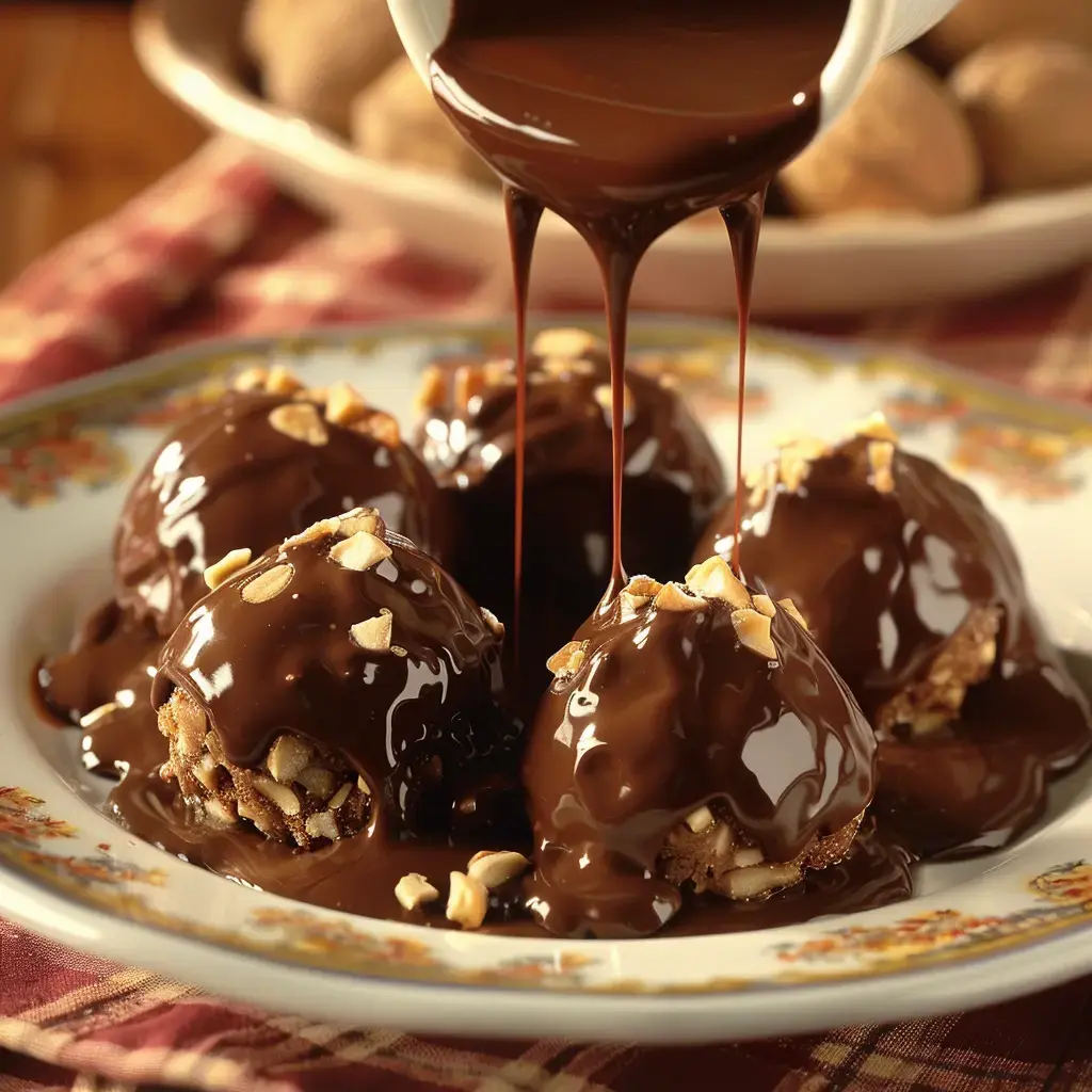 Des bouchées dessert enrobées de chocolat et garnies d'amandes, servies sur une assiette.