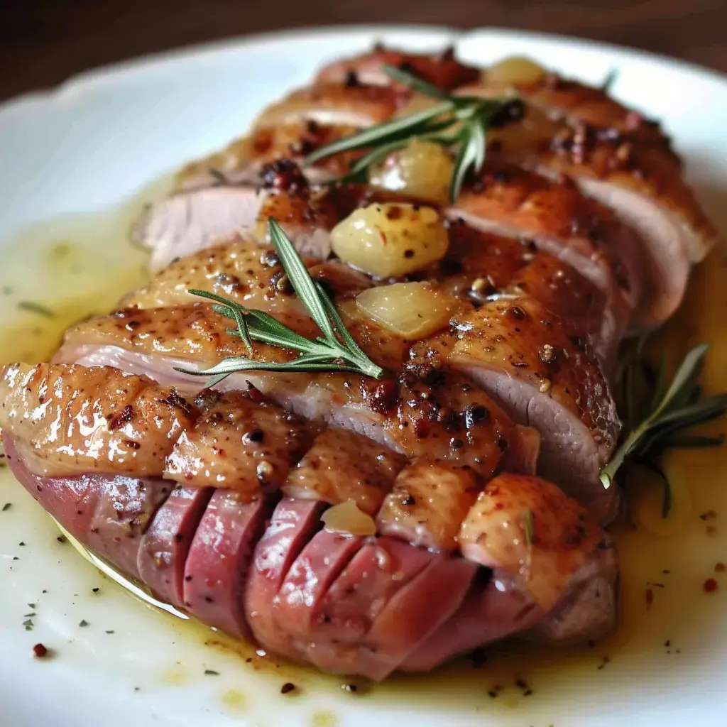 Un morceau de viande rôti avec des herbes, de l'ail et des petits oignons, baignant dans un jus doré et appétissant.