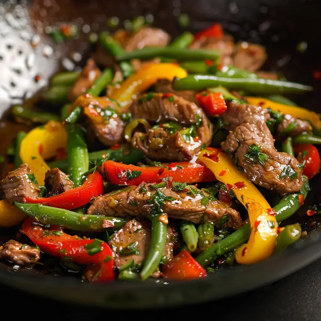 Un plat de viande de bœuf sauté avec des poivrons rouges, jaunes, et des haricots verts, garni de persil et d'épices.