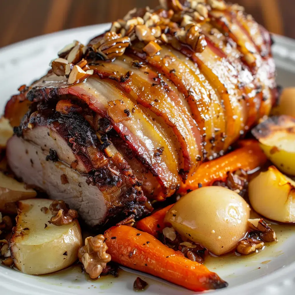 Un rôti de porc bardé accompagné de légumes d'automne caramélisés sur un plat de service en terre cuite