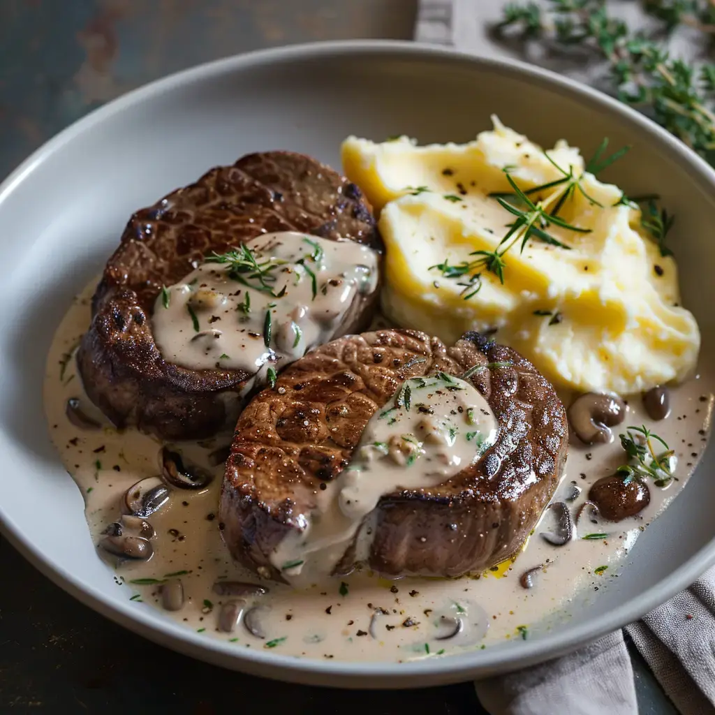 Des filets de bœuf couverts de sauce crémeuse, servis avec une purée et décorés d'herbes fraîches.