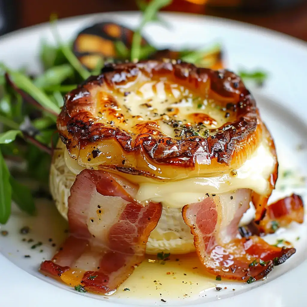 Un Camembert fondant enrobé de lard croustillant, accompagné de mesclun et d'échalotes confites