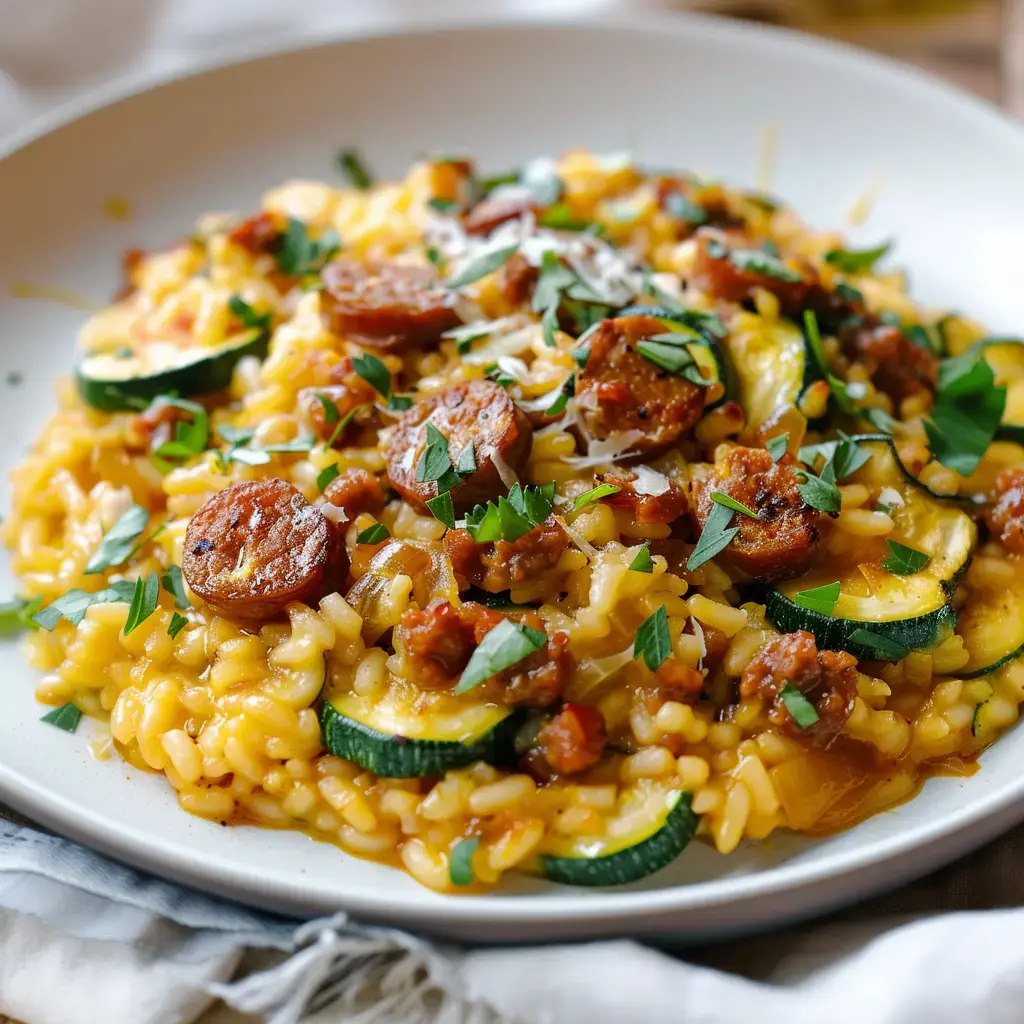 Un savoureux risotto aux courgettes avec morceaux de saucisse et fines herbes.