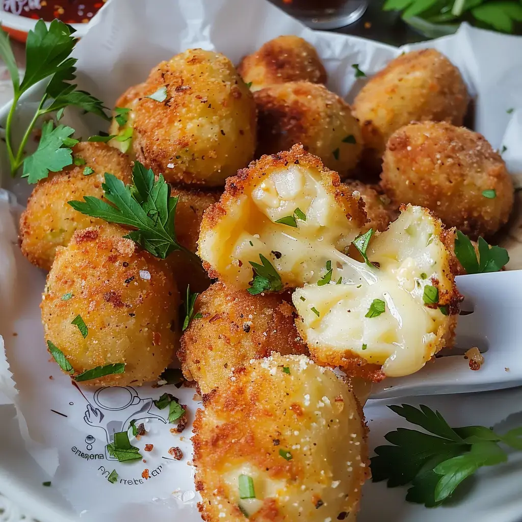 Des boulettes croustillantes au cœur de fromage, servies dans un joli plat avec une touche de persil.