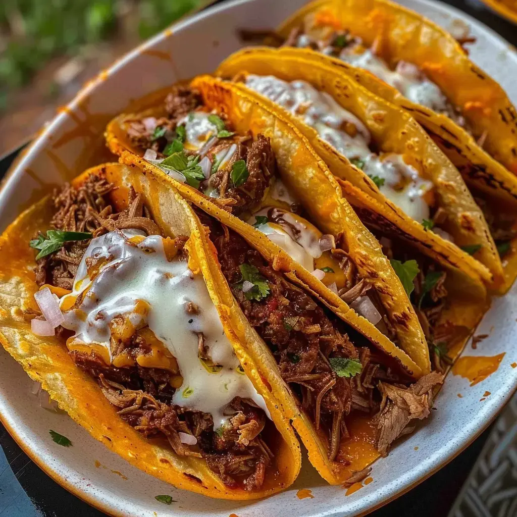 Des tacos garnis de viande effilochée, fromage fondu, crème fraîche et herbes fraîches sur une assiette rustique.